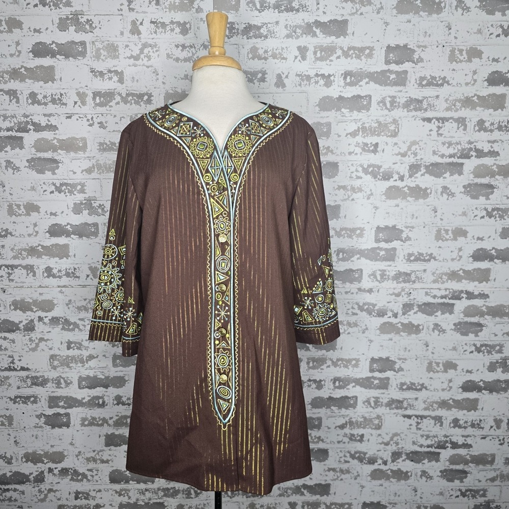 Bob Mackie Wearable Art Womens Bohemian Metallic Embroidered 3/4 Sleeve Blouse L